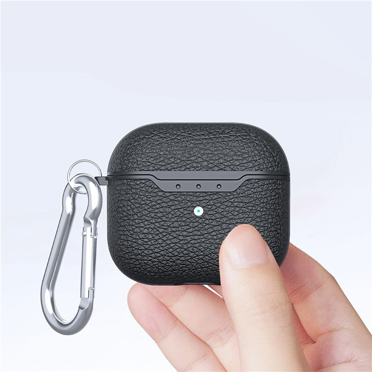 For AirPods 4 Charging Case Cover Litchi Texture Bluetooth Earbuds Shockproof TPU Case with Buckle - Black