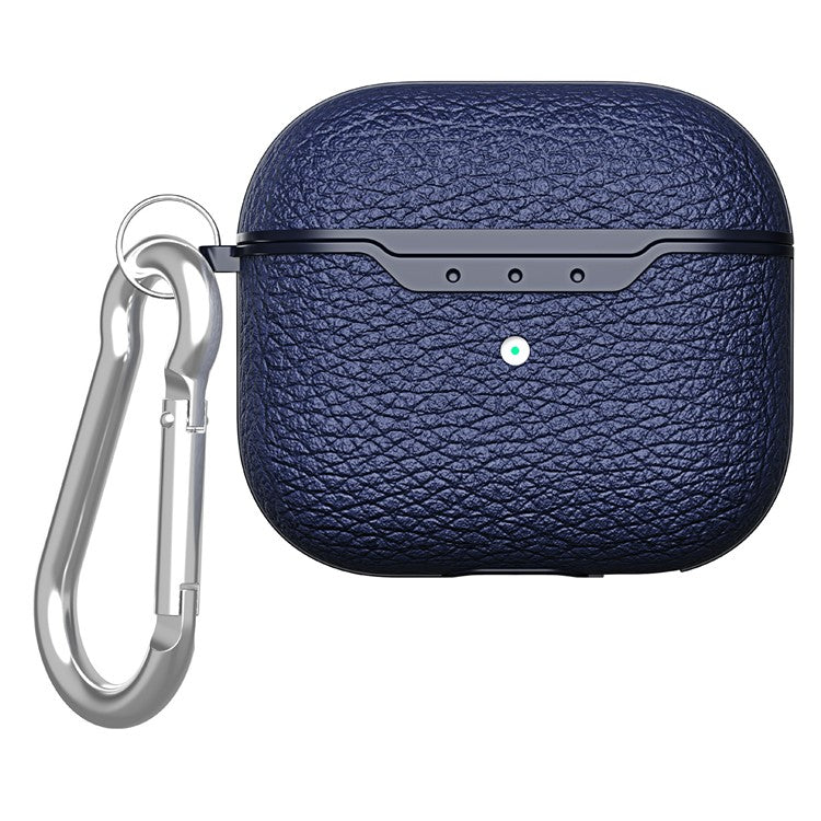 For AirPods 4 Charging Case Cover Litchi Texture Bluetooth Earbuds Shockproof TPU Case with Buckle - Navy Blue