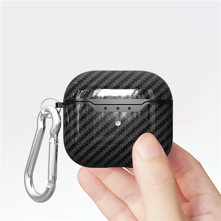 For AirPods 4 Charging Case Cover Carbon Fiber Texture Bluetooth Earbuds Shockproof TPU Case with Buckle - Black