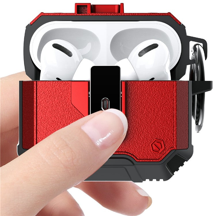 For AirPods 4 Charging Case Cover Button Lock TPU+PC Bluetooth Earbuds Protector with Metal Buckle - Red