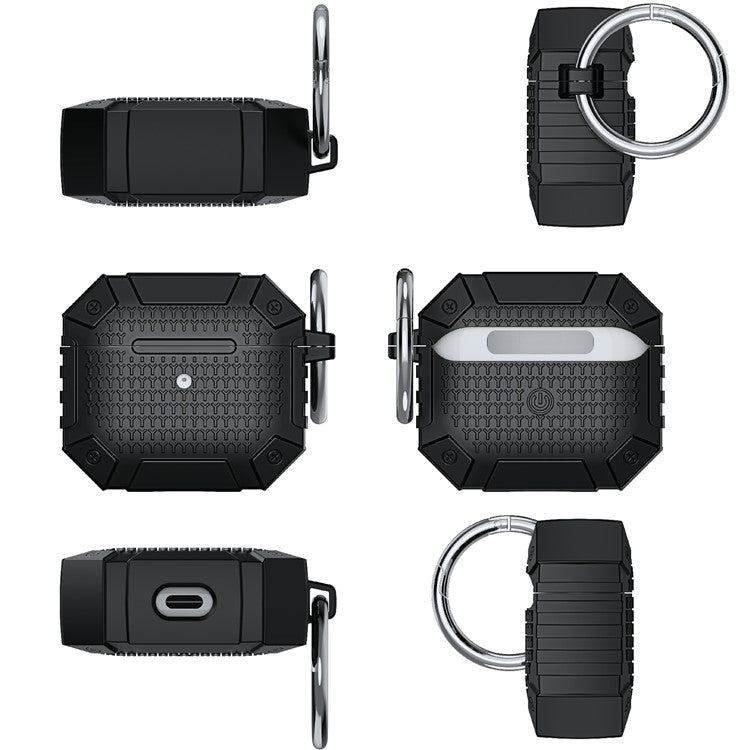 For AirPods 4 TPU Shockproof Reinforced Earbud Case Heavy Duty Military Protective Cover with Carabiner - Black