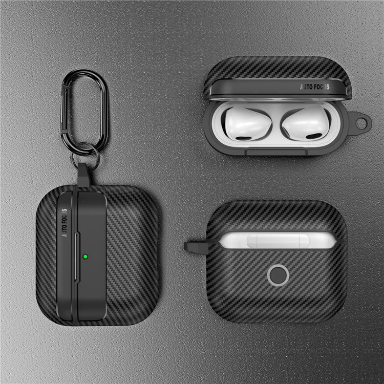 For AirPods 4 Case Carbon Fiber Texture TPU Earbuds Protective Cover with Hook - Black