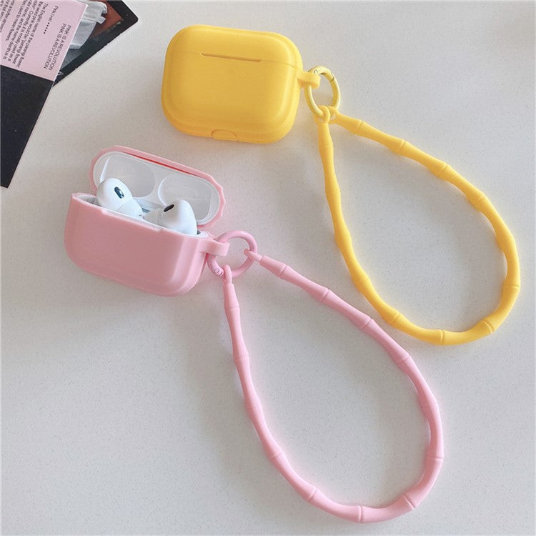 For AirPods 4 Case Bluetooth Earphone Silicone Case Protective Cover with Bamboo Shape Lanyard - Rose