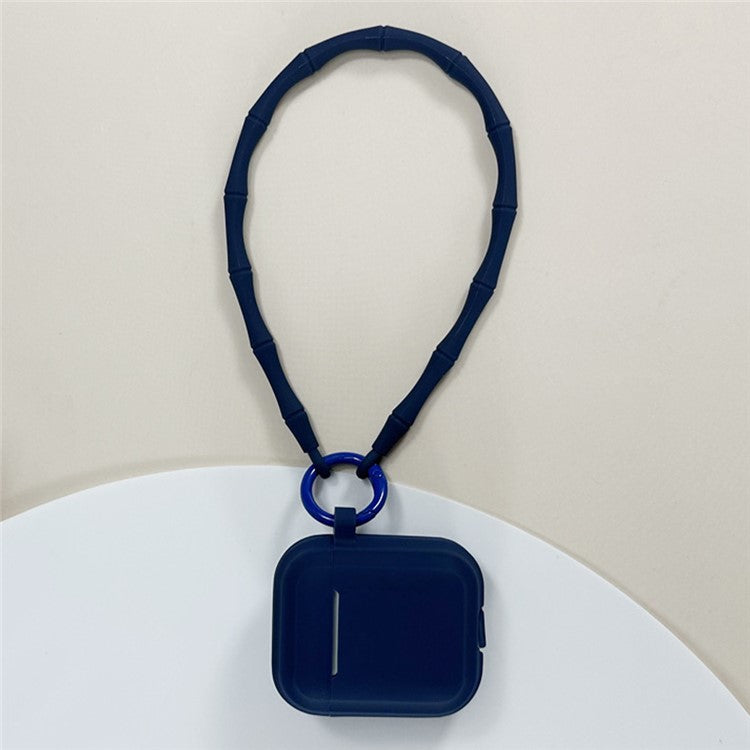 For AirPods 4 Case Bluetooth Earphone Silicone Case Protective Cover with Bamboo Shape Lanyard - Midnight Blue