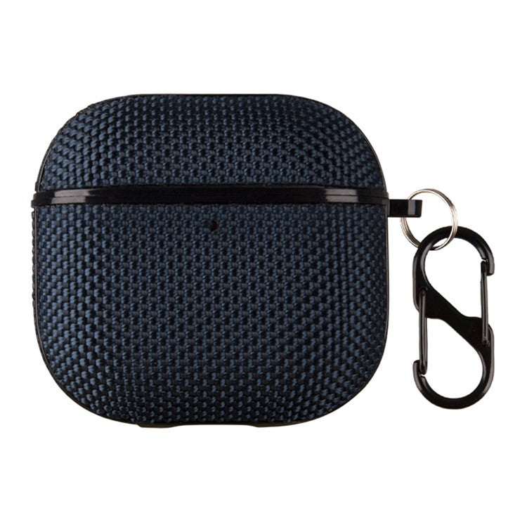 For Apple AirPods 4 Woven Texture Waterproof PC Case with Carabiner Earphone Protective Cover - Dark Blue