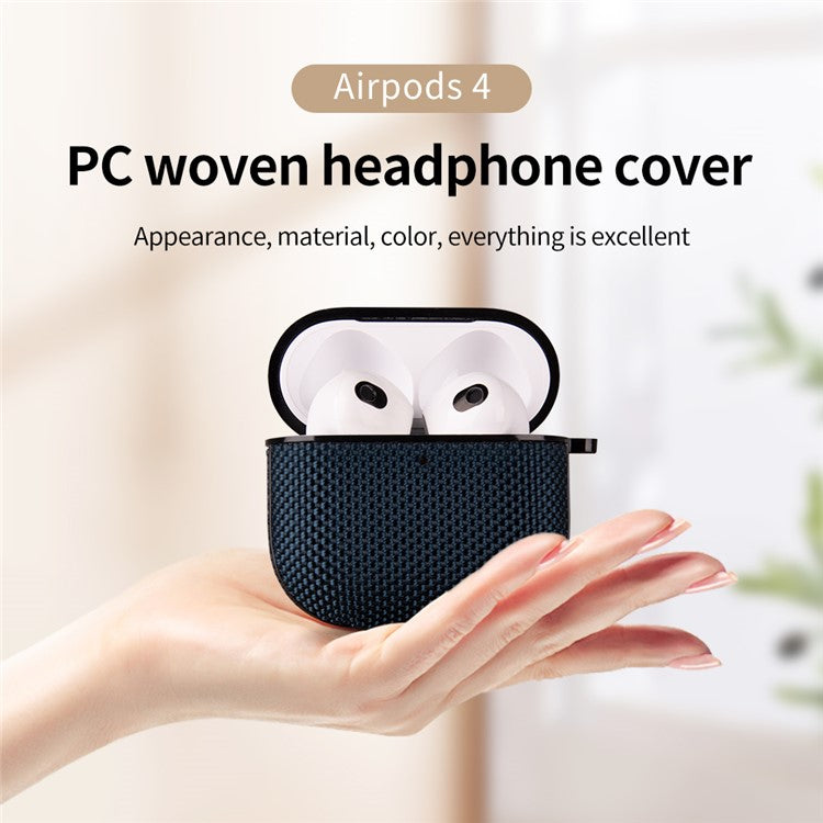 For Apple AirPods 4 Woven Texture Waterproof PC Case with Carabiner Earphone Protective Cover - Dark Blue