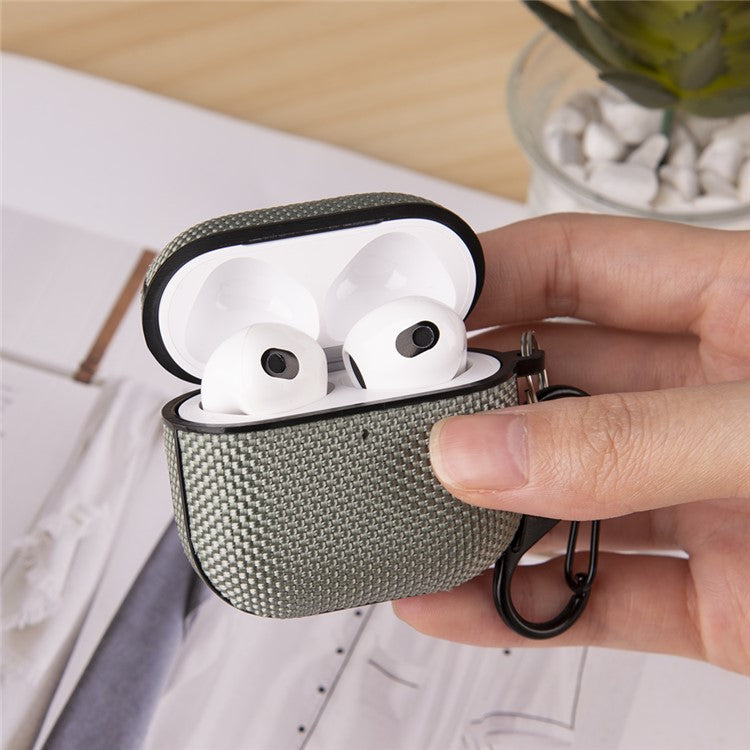 For Apple AirPods 4 Woven Texture Waterproof PC Case with Carabiner Earphone Protective Cover - Dark Blue