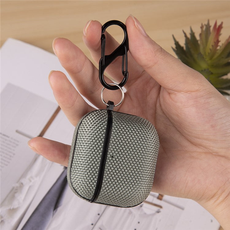 For Apple AirPods 4 Woven Texture Waterproof PC Case with Carabiner Earphone Protective Cover - Dark Blue