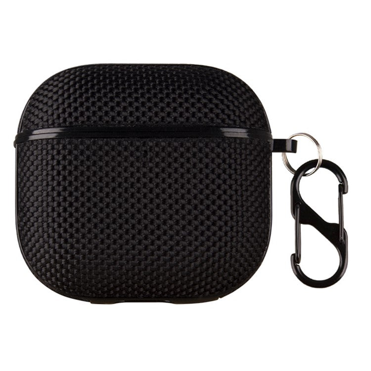 For Apple AirPods 4 Woven Texture Waterproof PC Case with Carabiner Earphone Protective Cover - Black