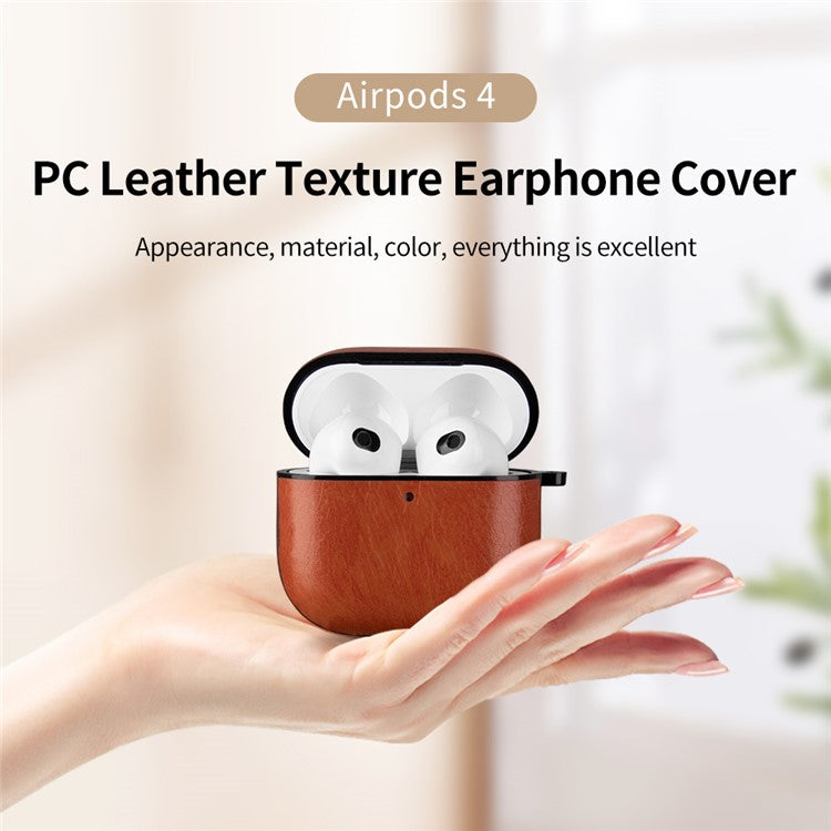 For AirPods 4 Earphone Case PC + PU Leather Protective Cover with Anti-Loss Hook - Light Brown