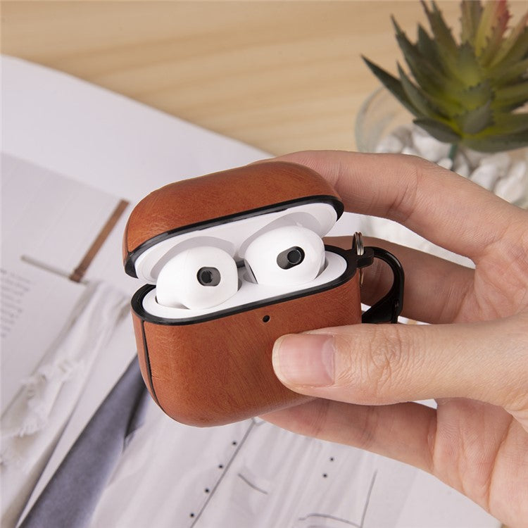 For AirPods 4 Earphone Case PC + PU Leather Protective Cover with Anti-Loss Hook - Light Brown