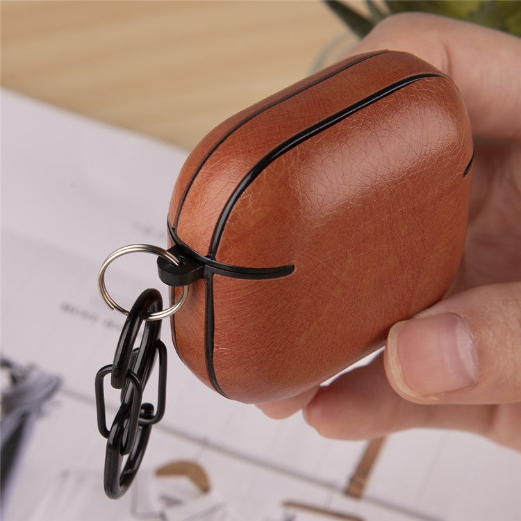 For AirPods 4 Earphone Case PC + PU Leather Protective Cover with Anti-Loss Hook - Light Brown