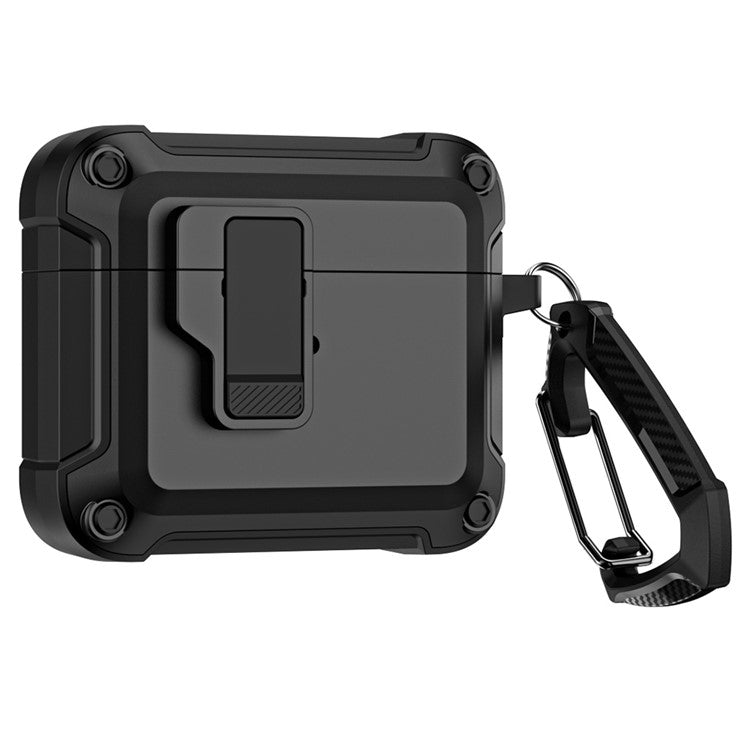 For AirPods 4 Earphone Case Automatic Eject TPU+PC Protective Cover with Carabiner - Black