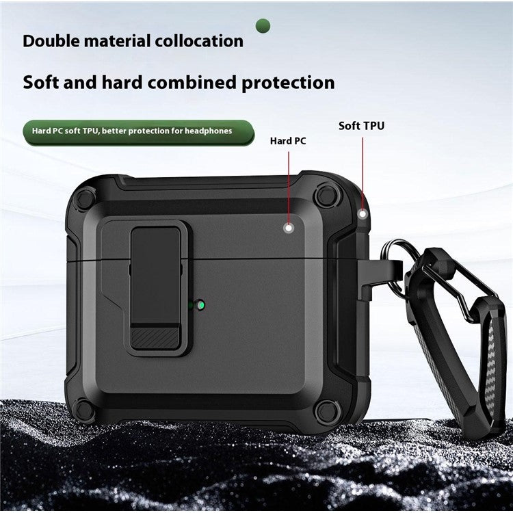 For AirPods 4 Earphone Case Automatic Eject TPU+PC Protective Cover with Carabiner - Black