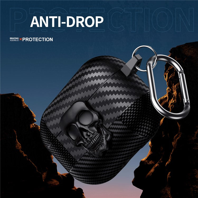 For AirPods Pro Protective Case Skull Design Snap Switch TPU + Metal Earphone Cover with Carabiner - Black