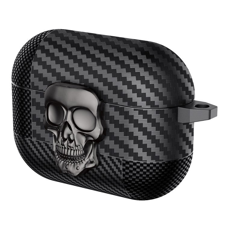 For AirPods Pro Protective Case Skull Design Snap Switch TPU + Metal Earphone Cover with Carabiner - Grey