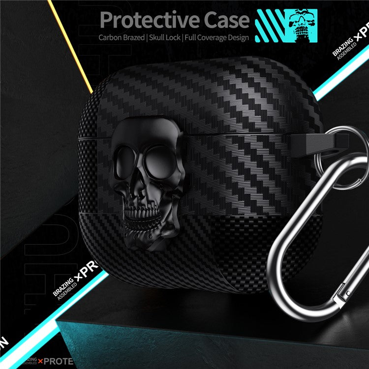 For AirPods 4 Protective Case Skull Design Snap Switch TPU + Metal Earphone Cover with Carabiner - Grey