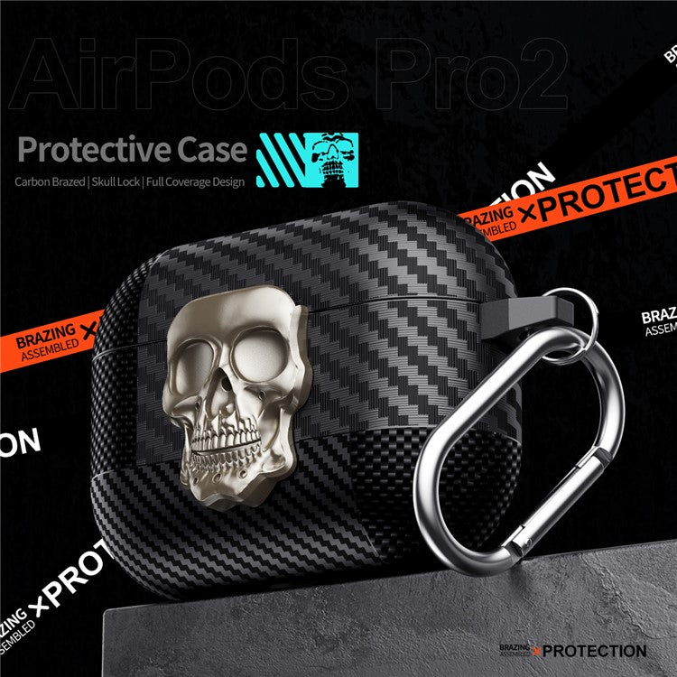 For AirPods 4 Protective Case Skull Design Snap Switch TPU + Metal Earphone Cover with Carabiner - Gold