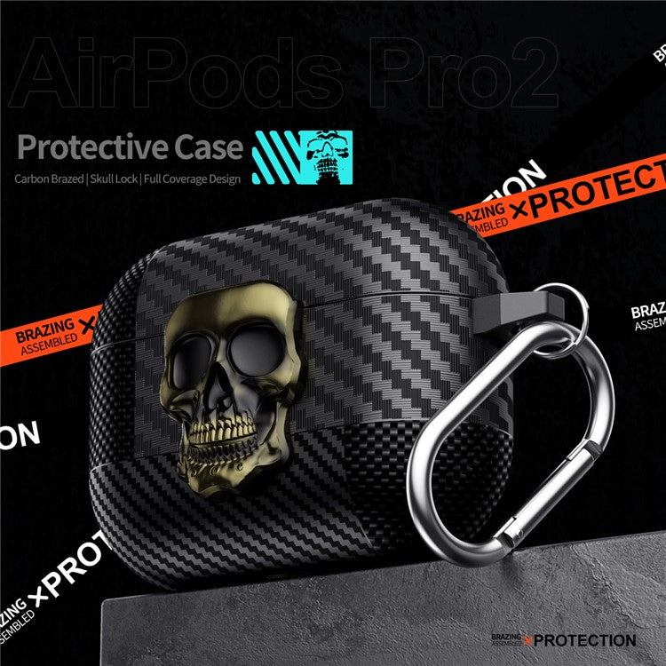 For AirPods 4 Protective Case Skull Design Snap Switch TPU + Metal Earphone Cover with Carabiner - Bronze