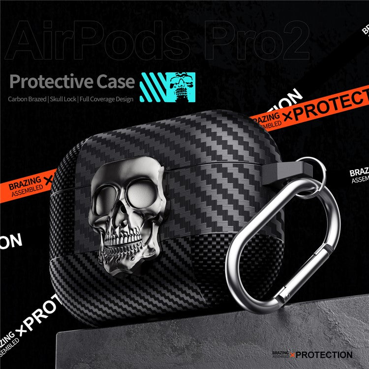 For AirPods 4 Protective Case Skull Design Snap Switch TPU + Metal Earphone Cover with Carabiner - Black