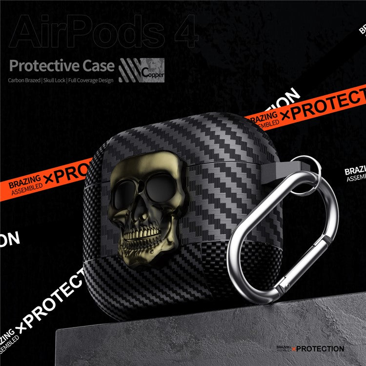 For AirPods 4 with ANC Protective Case Skull Design Snap Switch TPU + Metal Earphone Cover with Carabiner - Bronze