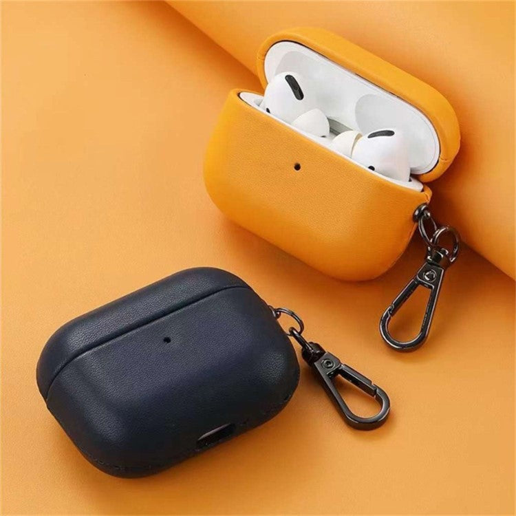 For AirPods 4 Earphone Case Glossy PC + PU Leather Protective Cover with Hanging Buckle - Golden Brown