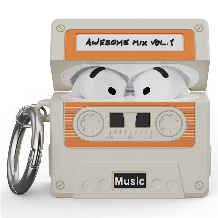 For AirPods 4 Bluetooth Earphones Case Cassette Tape Design Silicone Cover with Carabiner - White