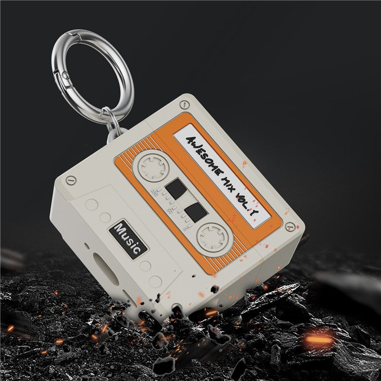 For AirPods 4 Bluetooth Earphones Case Cassette Tape Design Silicone Cover with Carabiner - White