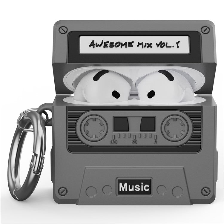 For AirPods 4 Bluetooth Earphones Case Cassette Tape Design Silicone Cover with Carabiner - Grey