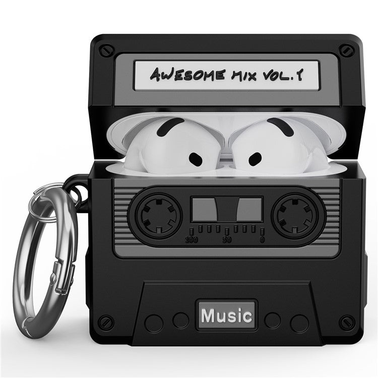 For AirPods 4 Bluetooth Earphones Case Cassette Tape Design Silicone Cover with Carabiner - Black