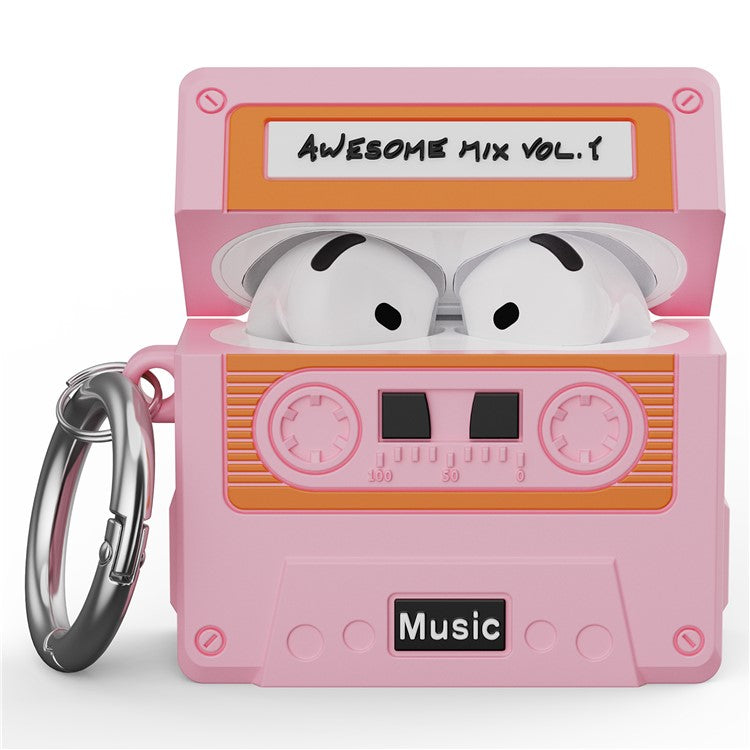 For AirPods 4 Bluetooth Earphones Case Cassette Tape Design Silicone Cover with Carabiner - Pink