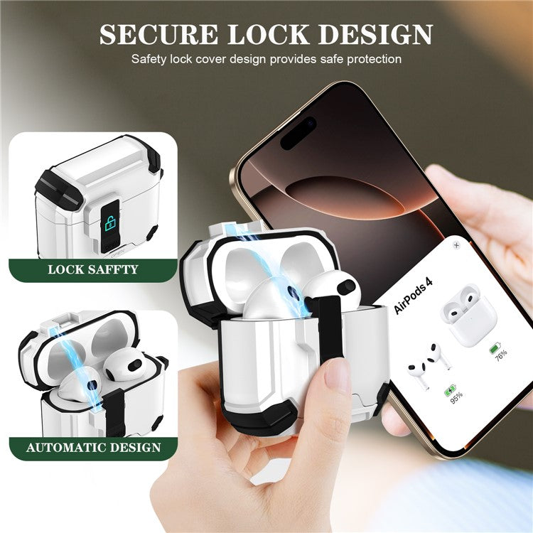 For AirPods 4 Case TPU+PC Compatible with MagSafe Stand Bluetooth Earbuds Cover with Carabiner - White