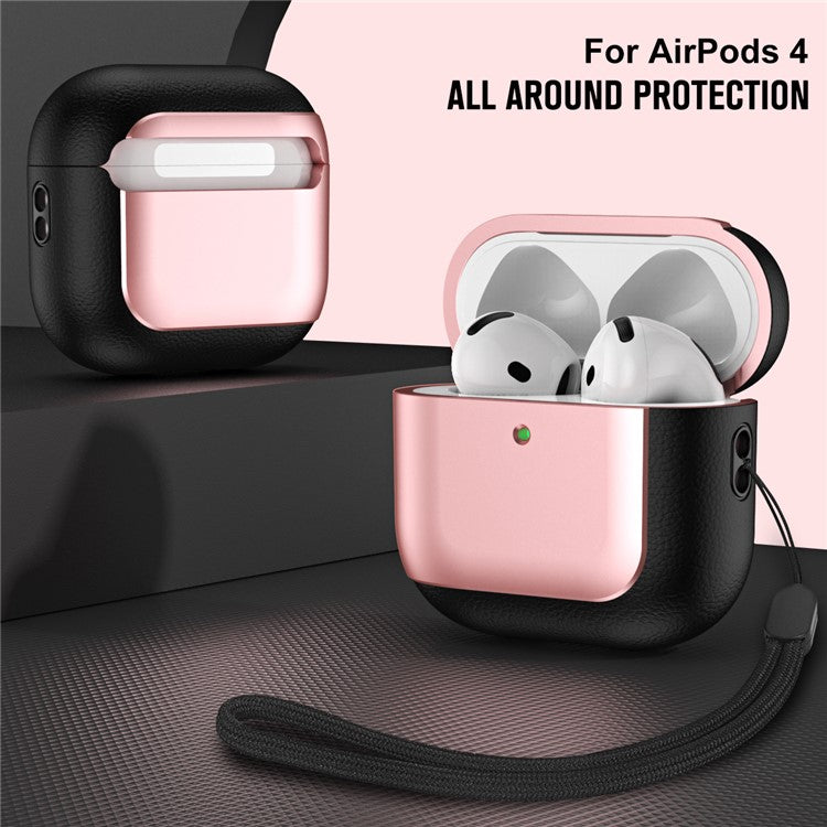 For AirPods 4 TPU Case Electroplating Litchi Texture Fall Prevention Earphone Cover with Lanyard - Rose Gold