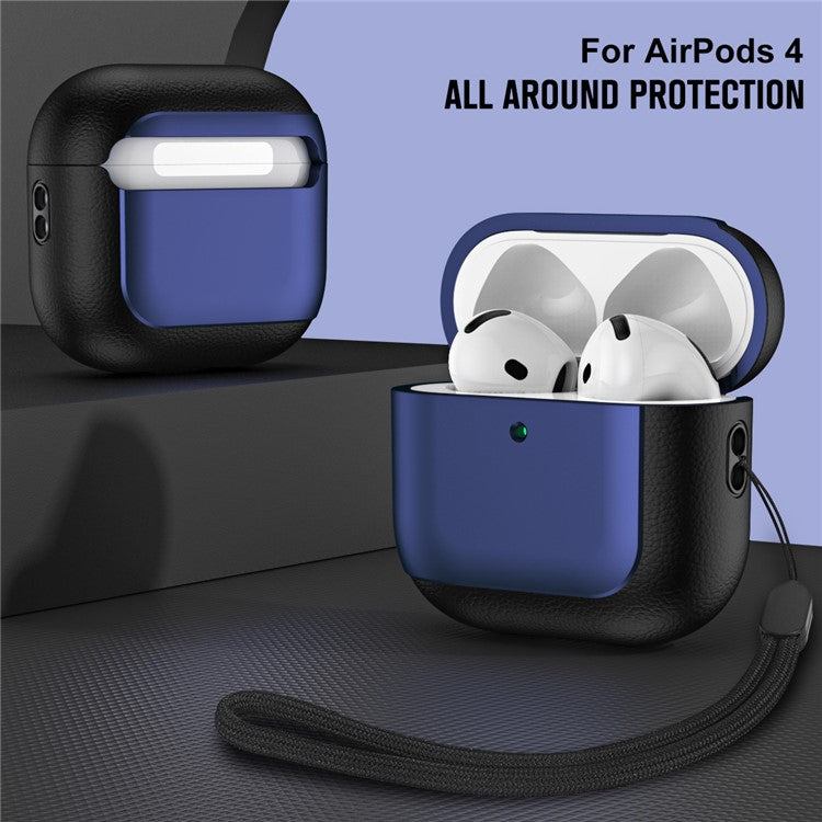 For AirPods 4 TPU Case Electroplating Litchi Texture Fall Prevention Earphone Cover with Lanyard - Blue