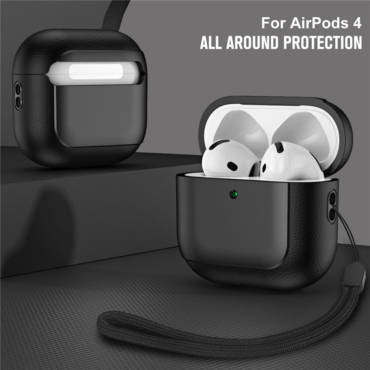 For AirPods 4 TPU Case Electroplating Litchi Texture Fall Prevention Earphone Cover with Lanyard - Black