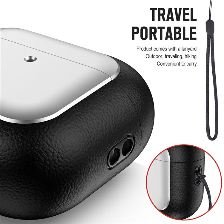 For AirPods 4 TPU Case Electroplating Litchi Texture Fall Prevention Earphone Cover with Lanyard - Black