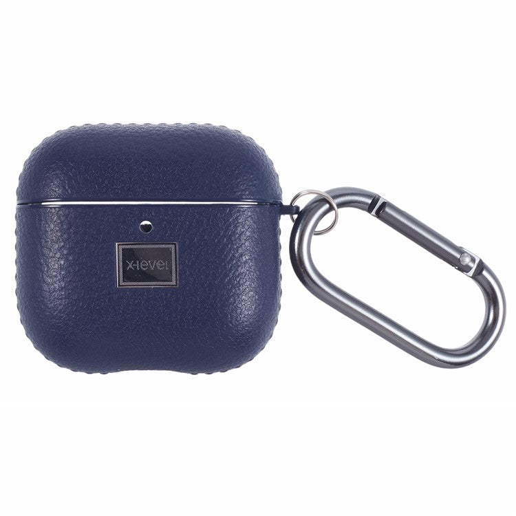 X-LEVEL For AirPods 4 Earphone Case Litchi Texture PU Leather TPU Cover with Carabiner - Blue