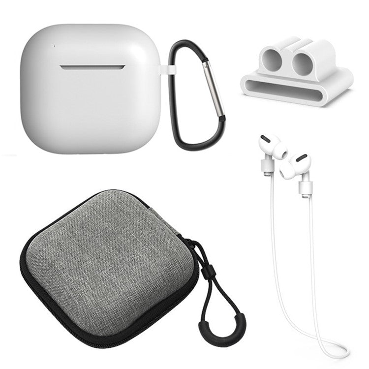 5Pcs Accessory Kit For AirPods 4 Silicone Case + Storage Box + Neck Strap + Earphone Holder + Keychain - White