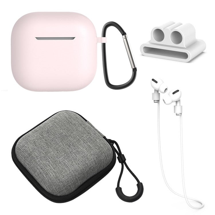 5Pcs Accessory Kit For AirPods 4 Silicone Case + Storage Box + Neck Strap + Earphone Holder + Keychain - Pink