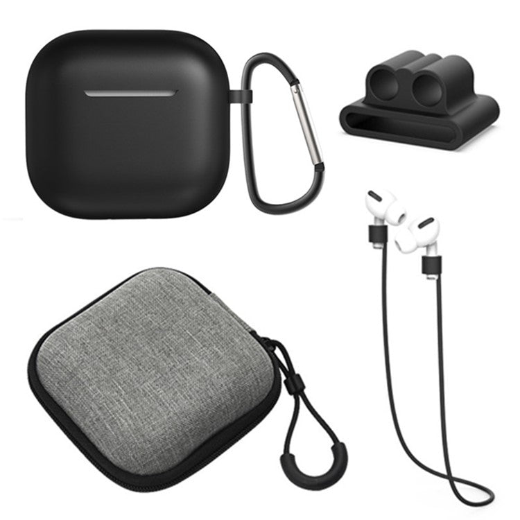 5Pcs Accessory Kit For AirPods 4 Silicone Case + Storage Box + Neck Strap + Earphone Holder + Keychain - Black