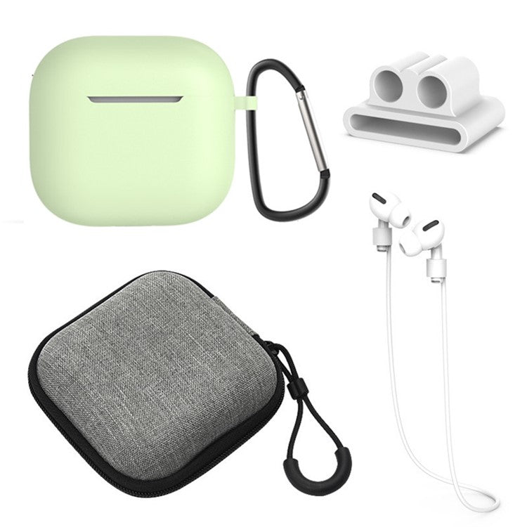 5Pcs Accessory Kit For AirPods 4 Silicone Case + Storage Box + Neck Strap + Earphone Holder + Keychain - Matcha Green