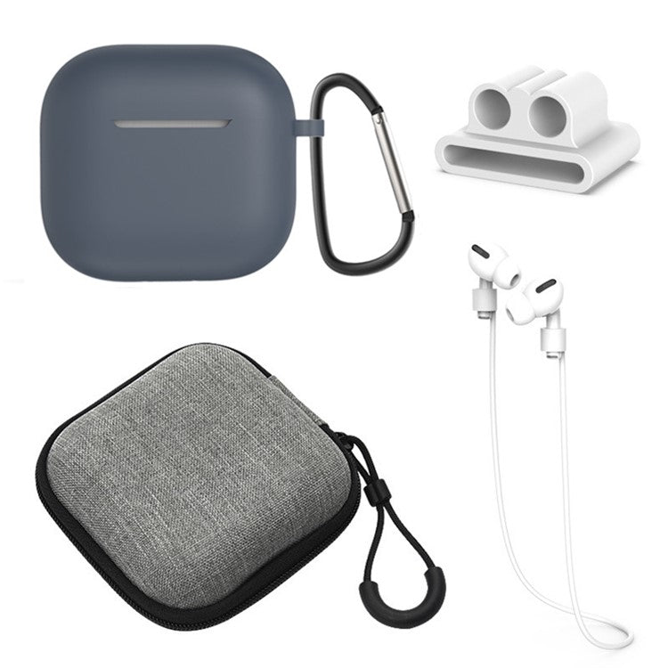 5Pcs Accessory Kit For AirPods 4 Silicone Case + Storage Box + Neck Strap + Earphone Holder + Keychain - Dark Blue