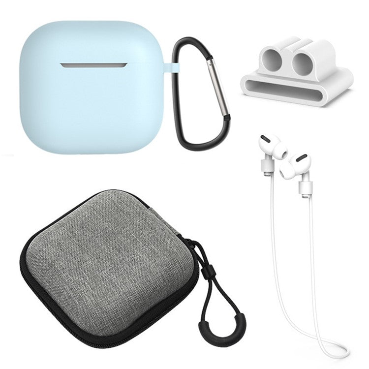 5Pcs Accessory Kit For AirPods 4 Silicone Case + Storage Box + Neck Strap + Earphone Holder + Keychain - Sky Blue