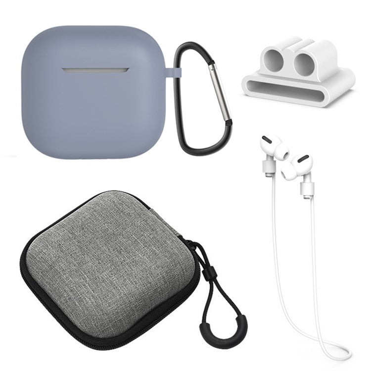 5Pcs Accessory Kit For AirPods 4 Silicone Case + Storage Box + Neck Strap + Earphone Holder + Keychain - Lavender Grey