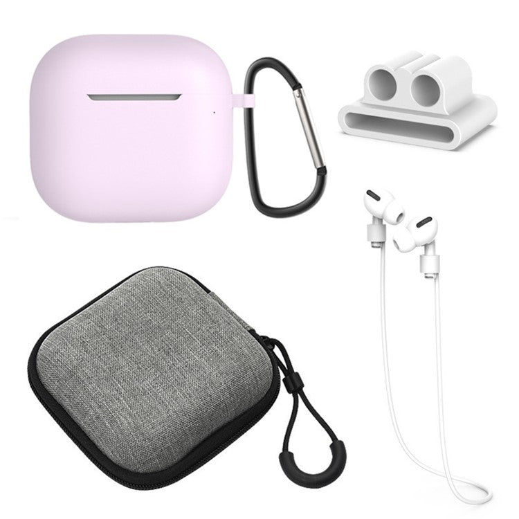 5Pcs Accessory Kit For AirPods 4 Silicone Case + Storage Box + Neck Strap + Earphone Holder + Keychain - Purple