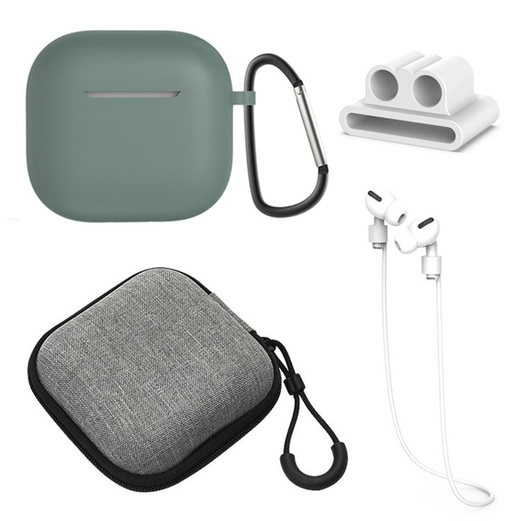 5Pcs Accessory Kit For AirPods 4 Silicone Case + Storage Box + Neck Strap + Earphone Holder + Keychain - Midnight Green