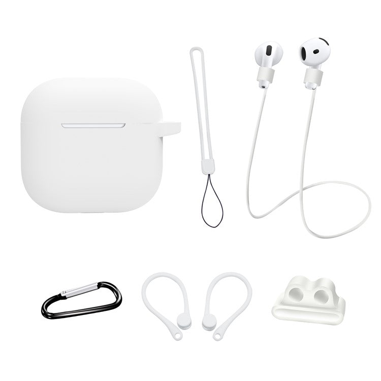 6 in 1 Headset Accessories for AirPods 4 Silicone Case + Carrying Strap + Earphone Holder + Ear Hooks + Neck Strap + Keychain - White