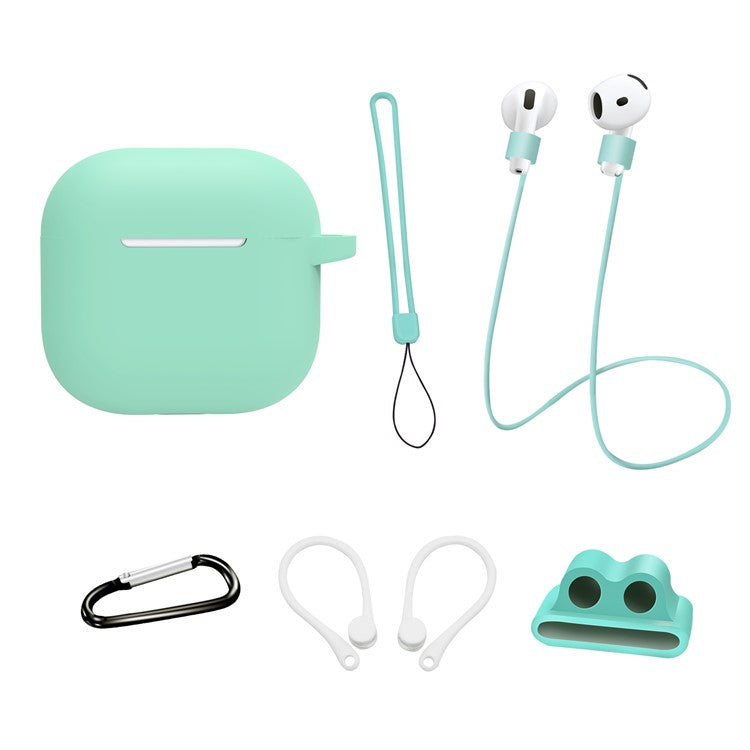 6 in 1 Headset Accessories for AirPods 4 Silicone Case + Carrying Strap + Earphone Holder + Ear Hooks + Neck Strap + Keychain - Mint Green