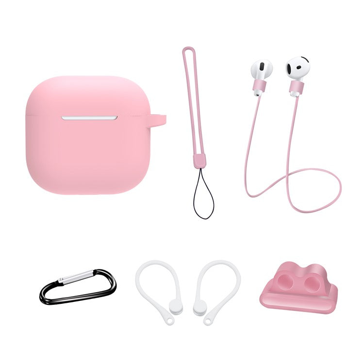 6 in 1 Headset Accessories for AirPods 4 Silicone Case + Carrying Strap + Earphone Holder + Ear Hooks + Neck Strap + Keychain - Pink