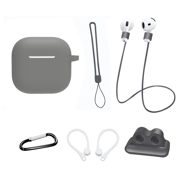 6 in 1 Headset Accessories for AirPods 4 Silicone Case + Carrying Strap + Earphone Holder + Ear Hooks + Neck Strap + Keychain - Grey